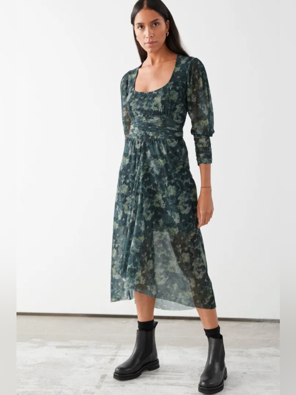 & Other Stories Gathered Square Neck Midi Dress Size 10